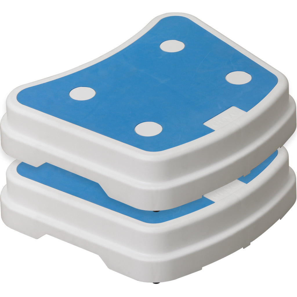 Portable bath step with blue non-slip surface and white plastic base, shown as a stackable two-piece set