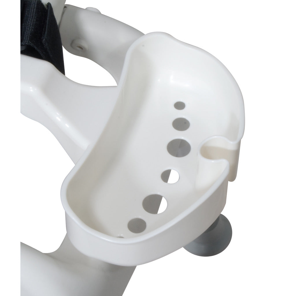 Transfer bench white plastic cup holder accessory with ventilation holes, shown mounted to tubing frame