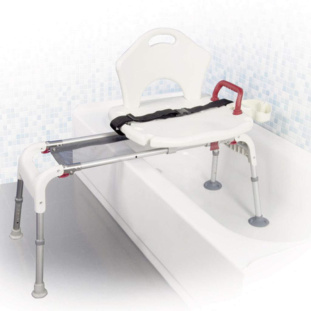 Folding sliding transfer bench with back, red grab handle, safety belt, and cup holder, spanning a white bathtub