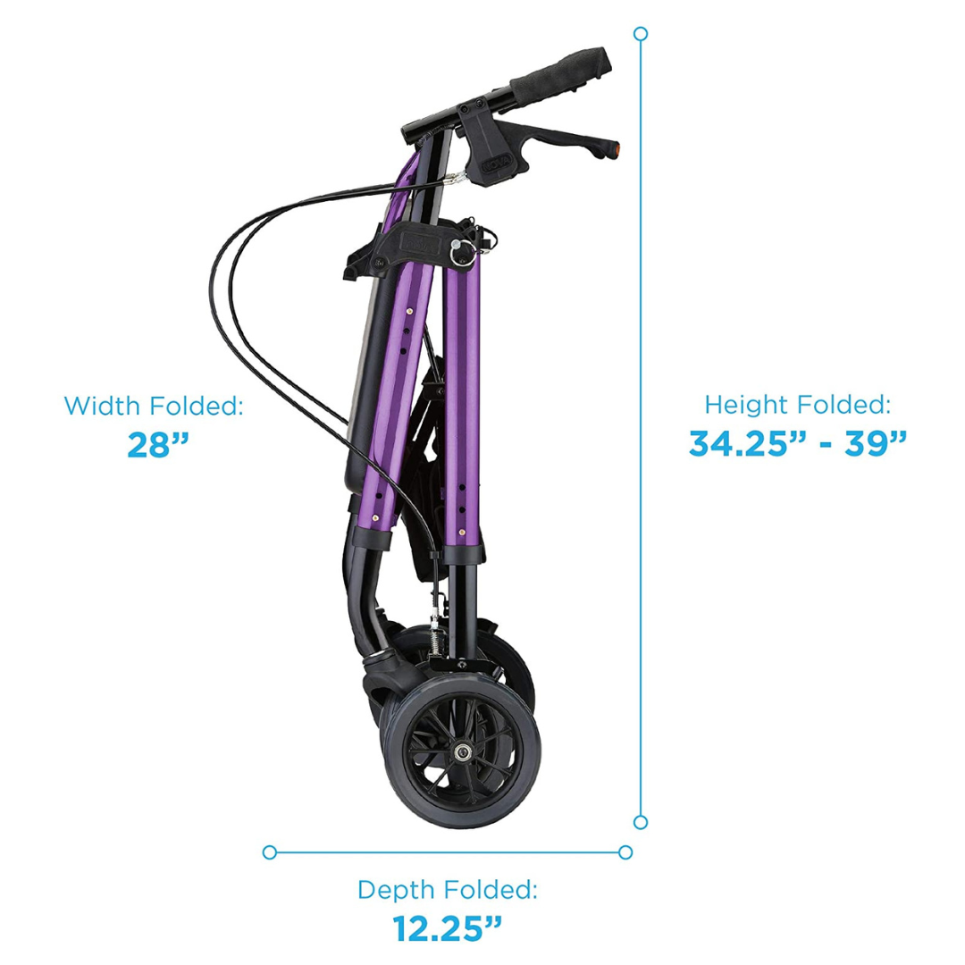 Rollator folded flat in purple showing width, depth, and height folded dimensions with labeled measurement callouts