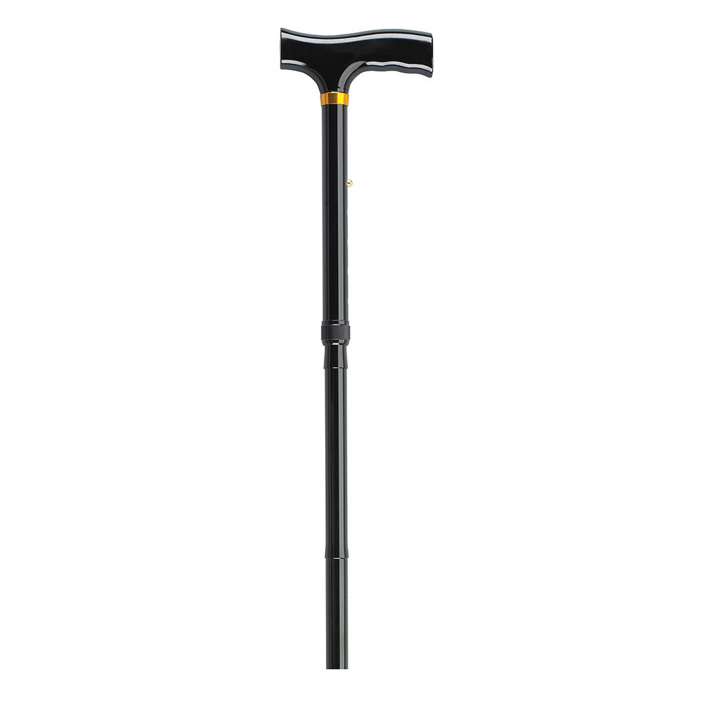 Folding walking cane with black T-handle, gold collar accent, and adjustable telescoping black shaft shown upright on white