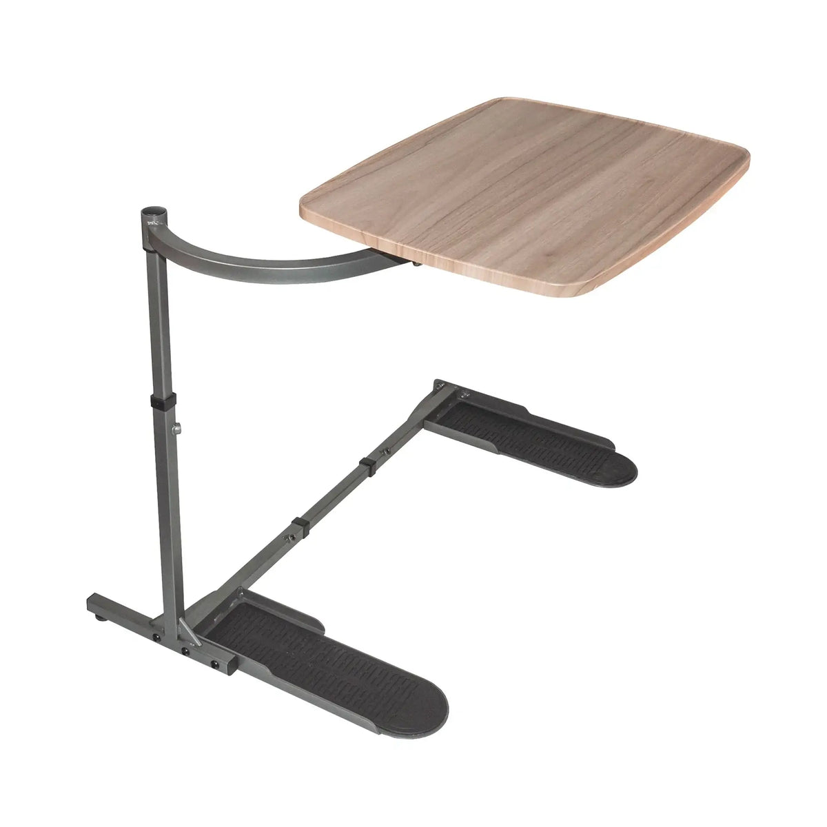 Overbed tray table with wood-grain laminate surface on adjustable gray steel frame with non-slip rubber feet