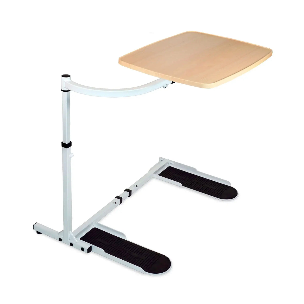 Overbed tray table with wood-finish surface, white adjustable metal frame, and two black non-slip foot pads on base