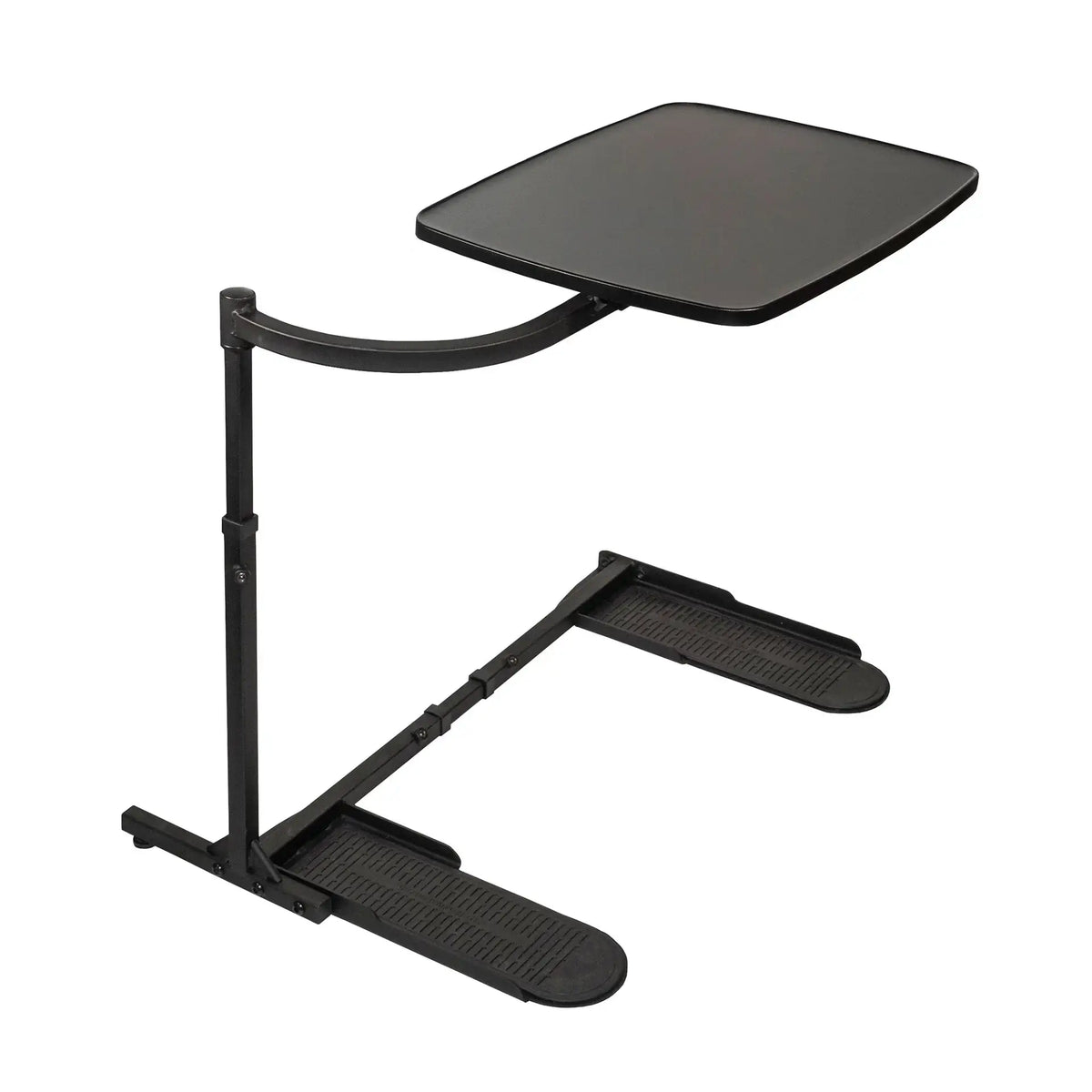 Overbed tray table with adjustable black steel frame, swivel surface, and two non-slip footrest platforms at the base