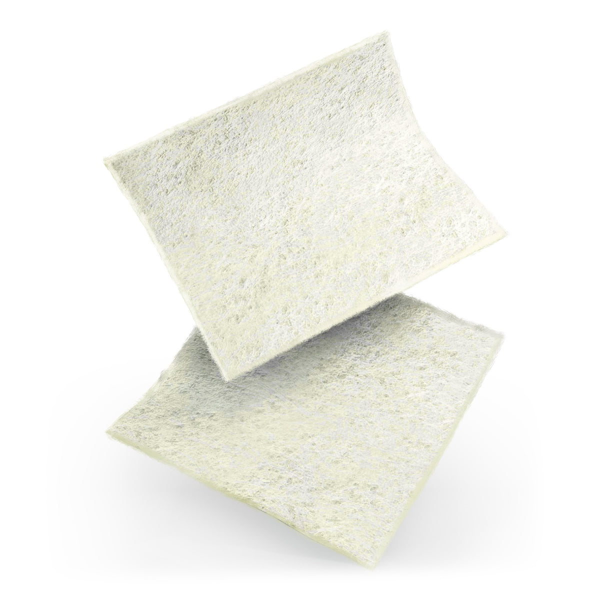 Alginate wound dressings, two rectangular white fibrous pads shown floating at angles on white background