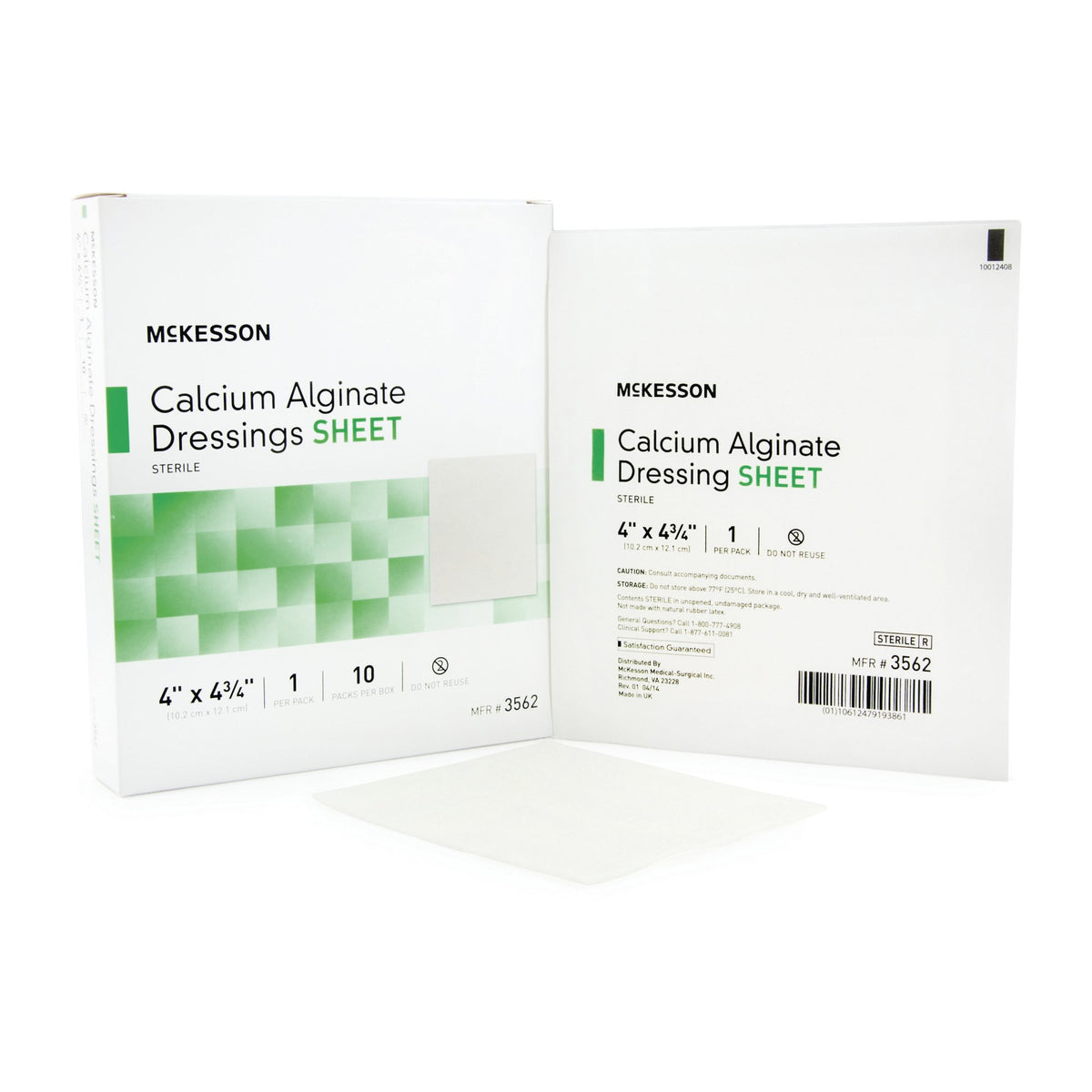 Calcium alginate dressing sheet in white sterile packaging beside an individual packet and a flat dressing sheet