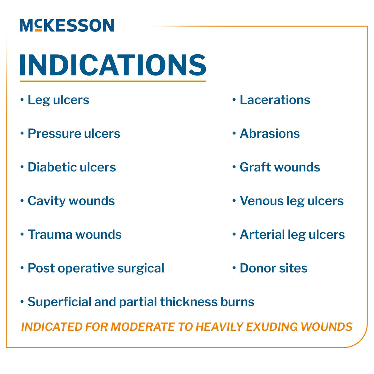 McKesson Alginate Dressing indications chart listing wound types including ulcers, burns, lacerations, and trauma wounds
