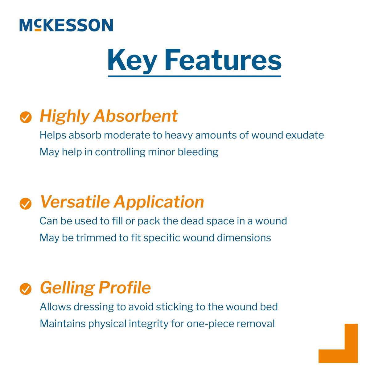 McKesson alginate dressing key features graphic highlighting absorbency, versatile application, and gelling profile