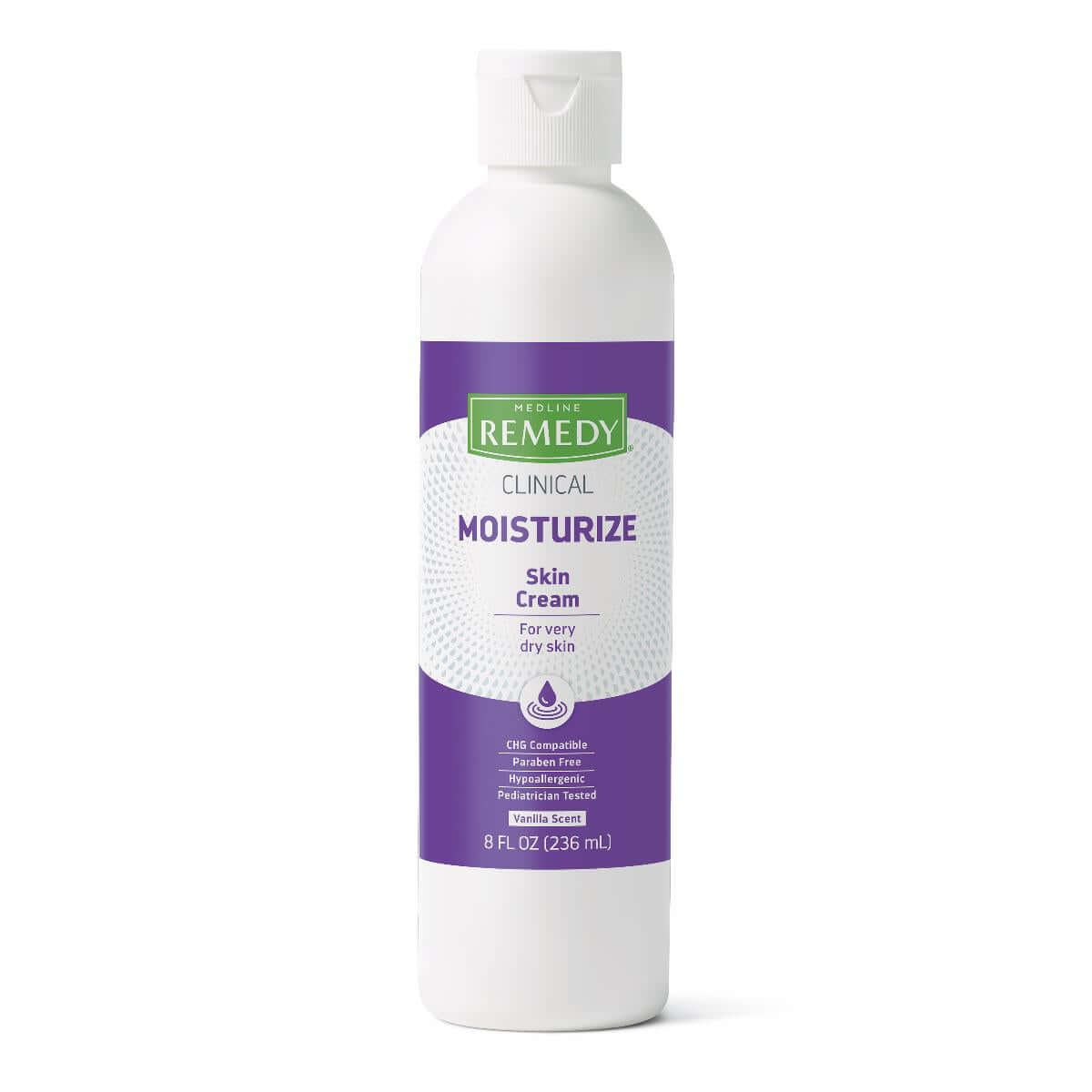 Medline Remedy Clinical Moisturize Skin Cream in a white 8 fl oz bottle with purple label, vanilla scent, for very dry skin