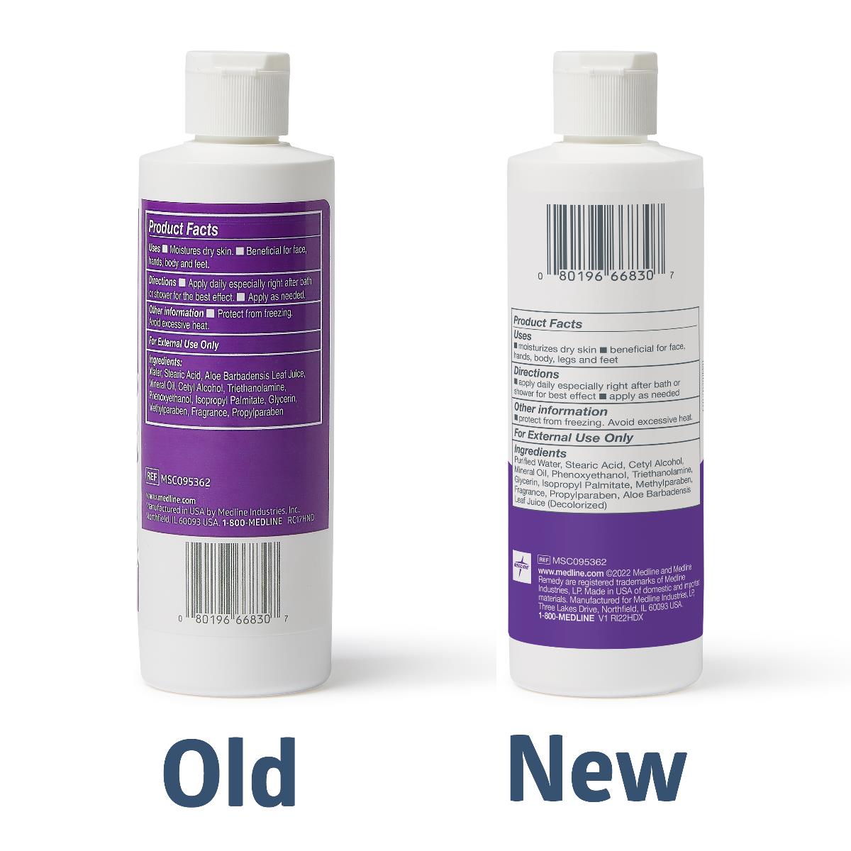 Medline Remedy Essentials Body Lotion showing old and new packaging side by side, both displaying product facts labels on