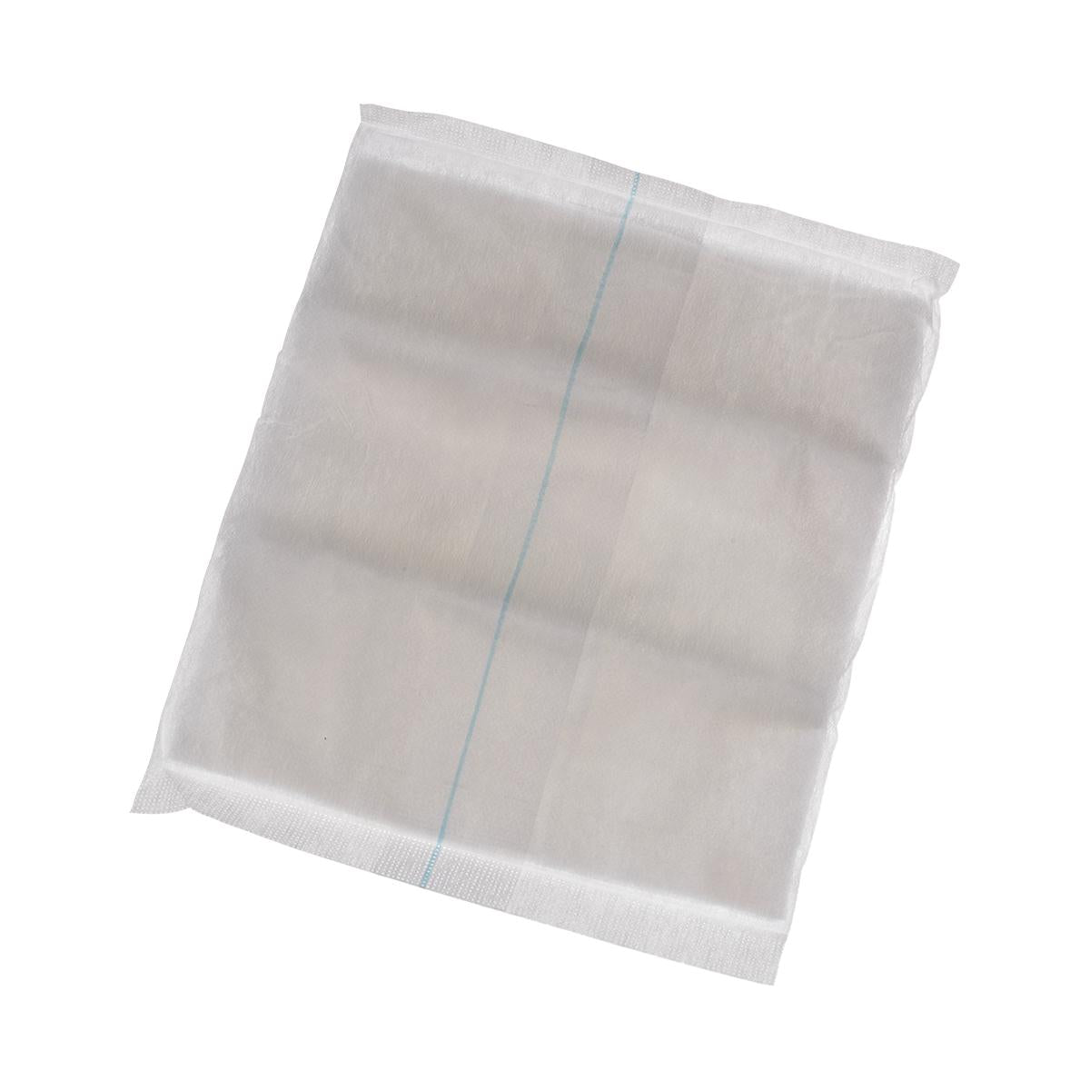 Nonsterile abdominal pad with blue x-ray detectable thread, white multilayer gauze construction, shown flat on white