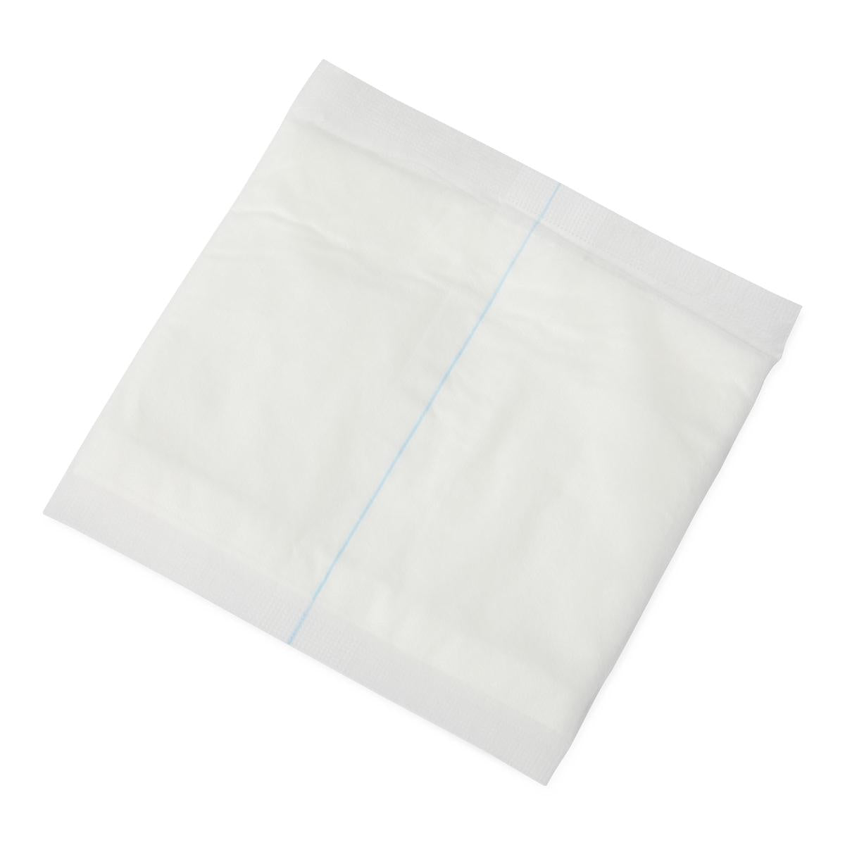 Abdominal pad, white nonsterile square dressing with blue center line and textured top edge, shown flat on white background