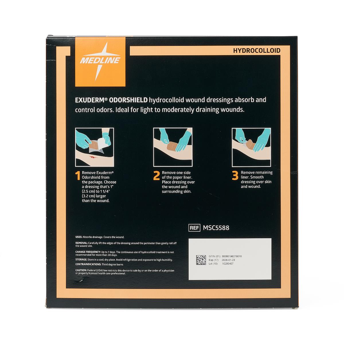 Hydrocolloid wound dressing box back panel showing Medline Exuderm OdorShield with three-step application instructions on