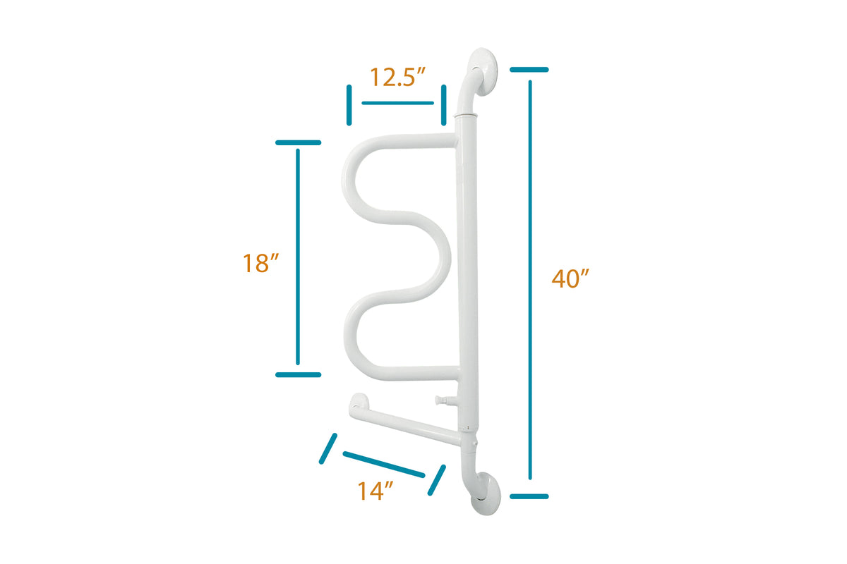Curve grab bar with S-shaped design and vertical rail, white wall-mounted safety handle, shown with 40", 18", 14", and 12.5"