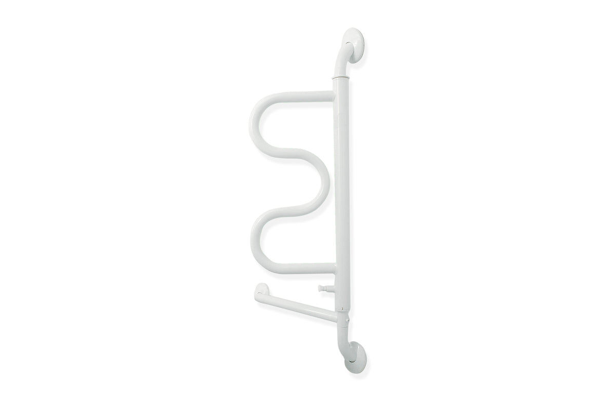 Curve grab bar with S-shaped design and vertical rail, white wall-mounted safety handle with round wall flanges