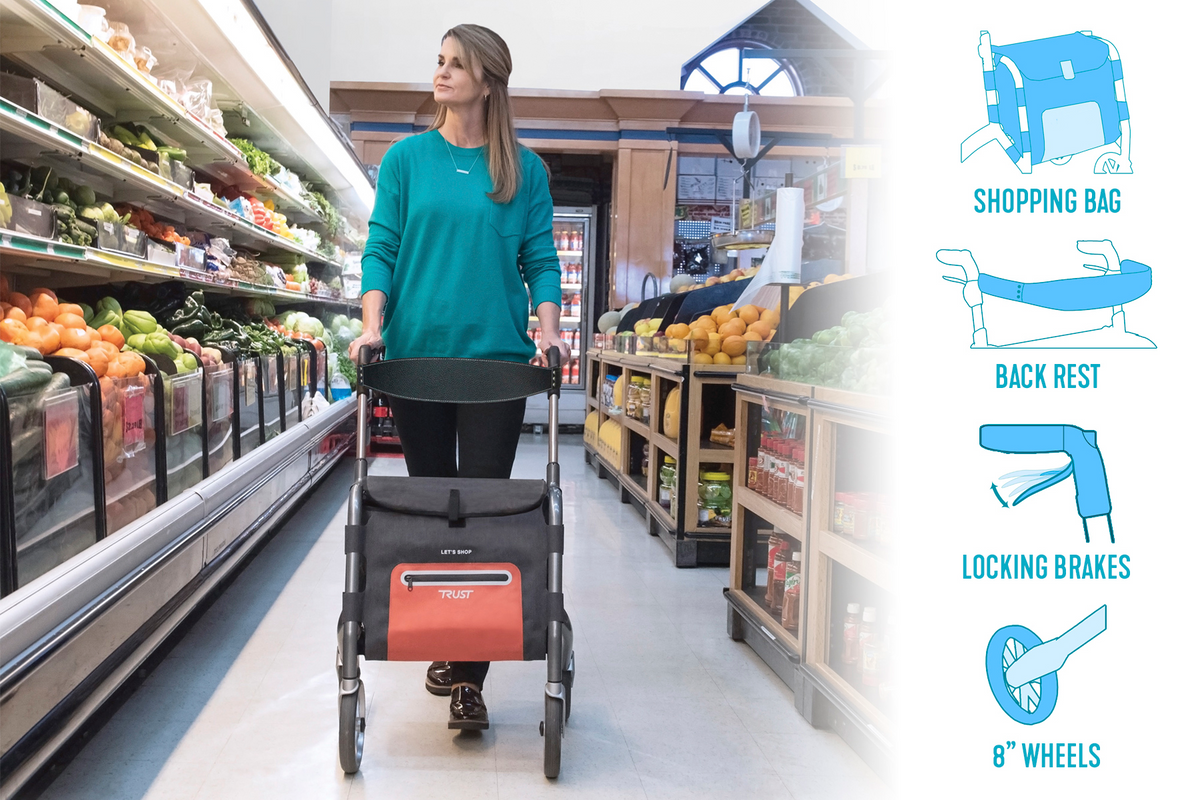 Let's Shop Rollator with shopping bag being used by a woman in a grocery store, with feature callouts shown
