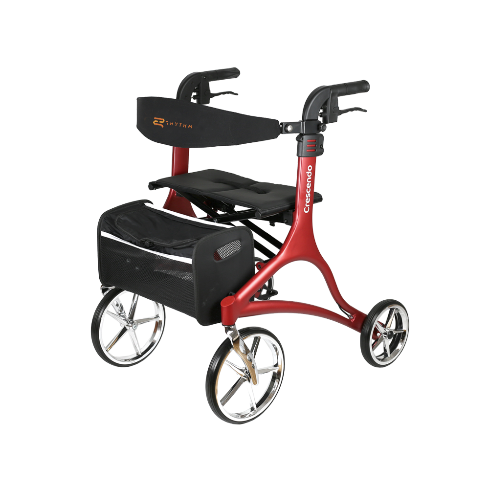 Crescendo Rollator in red with padded seat, backrest, hand brakes, storage bag, and large chrome-spoke wheels