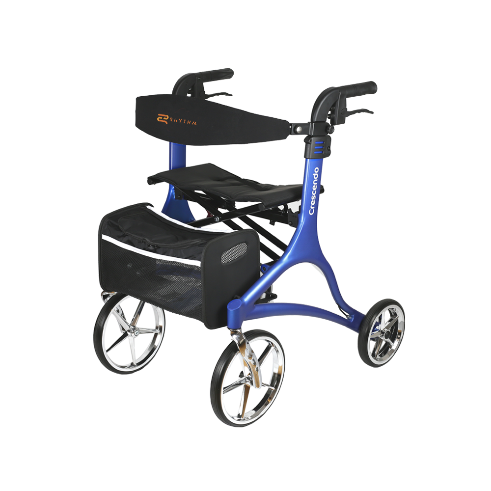 Rollator walker with blue aluminum frame, padded seat, backrest, hand brakes, storage bag, and large chrome spoke wheels