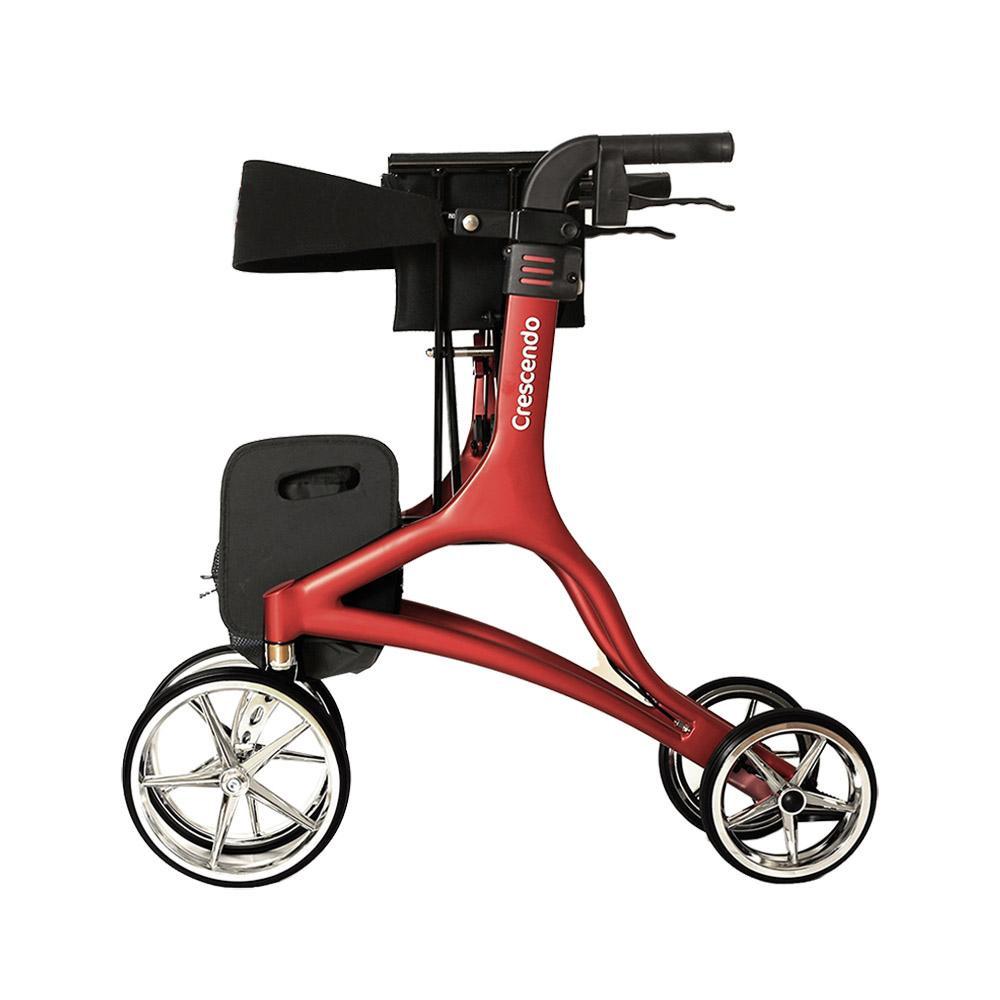 Rollator walker with red aluminum frame, chrome spoke wheels, hand brakes, and padded seat shown from the side