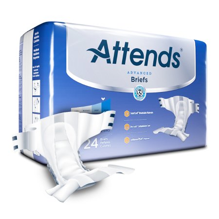 Attends Advanced Briefs packaging with 24-count blue and white bag and single brief displayed in front
