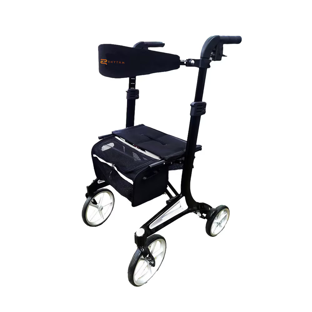 Rollator walker in black with forearm supports, padded seat, mesh storage bag, and four large wheels