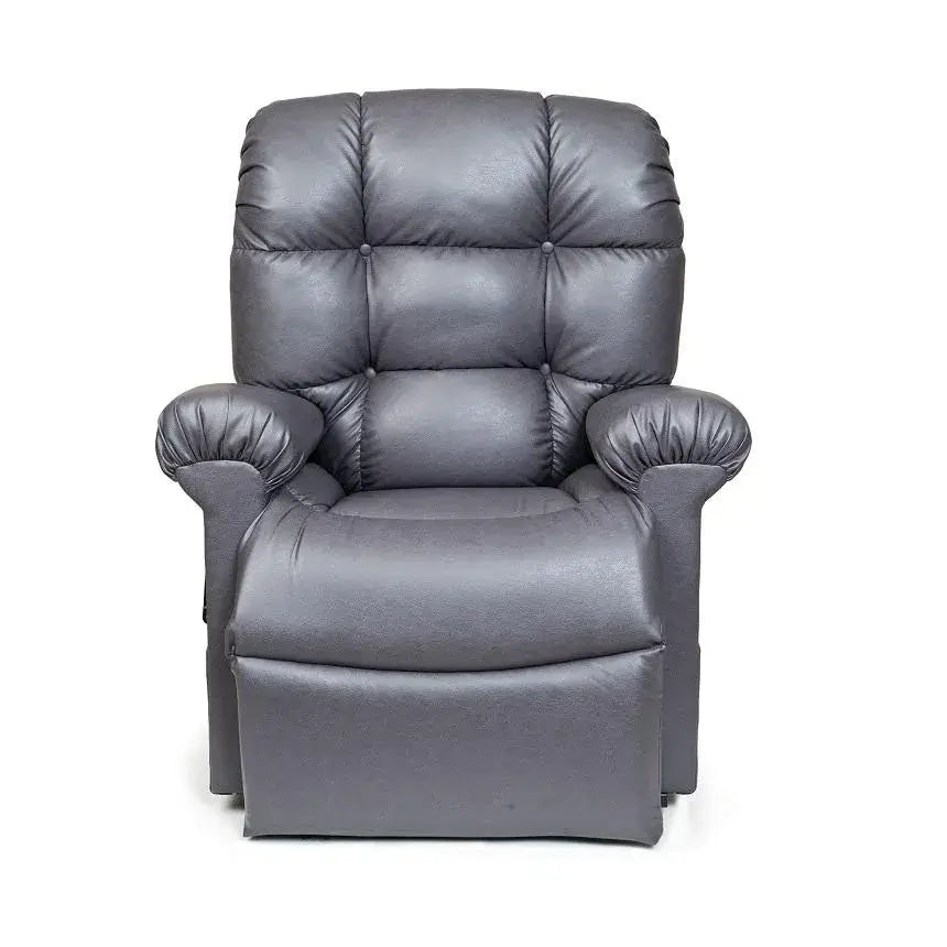 Power lift recliner chair in gray faux leather with tufted back cushioning and padded armrests, shown in upright seated