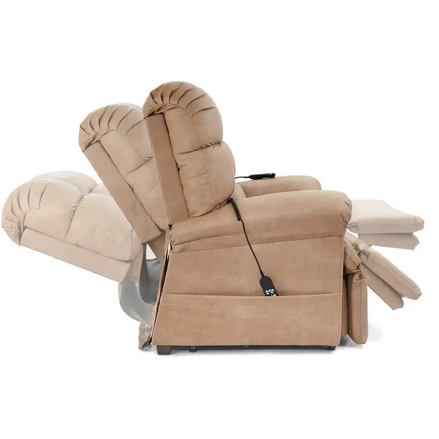 Power lift recliner in tan microfiber shown in full recline position with footrest extended and wired remote visible