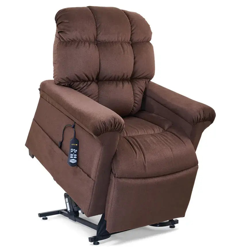 Power lift recliner in brown fabric with tufted back, wired remote handset, and metal lift base, shown in upright seated