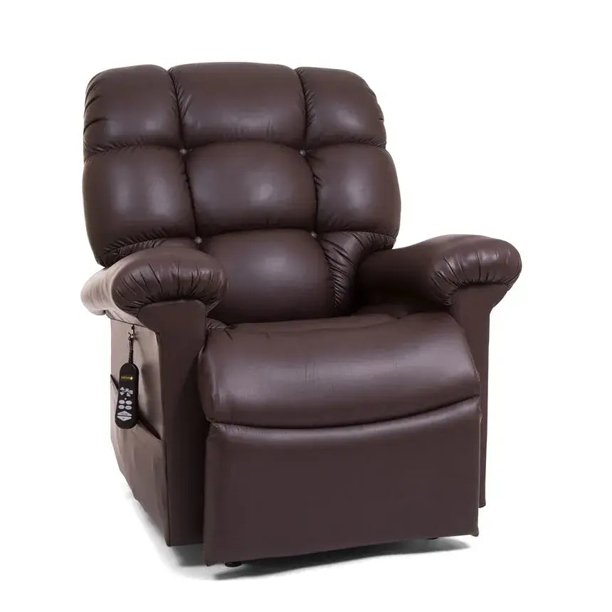 Power lift recliner chair in dark brown tufted leather upholstery with rounded arms and a wired hand remote hanging on the