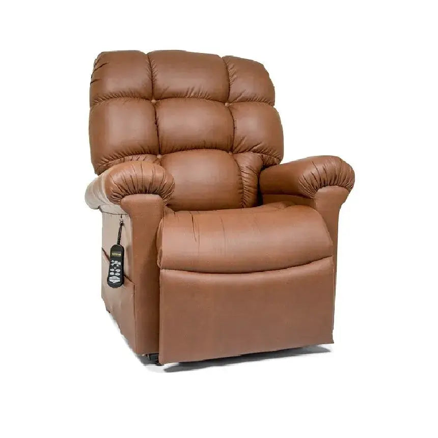 Power lift recliner in brown leather upholstery with tufted pillow-back, rolled arms, and side-mounted wired remote control