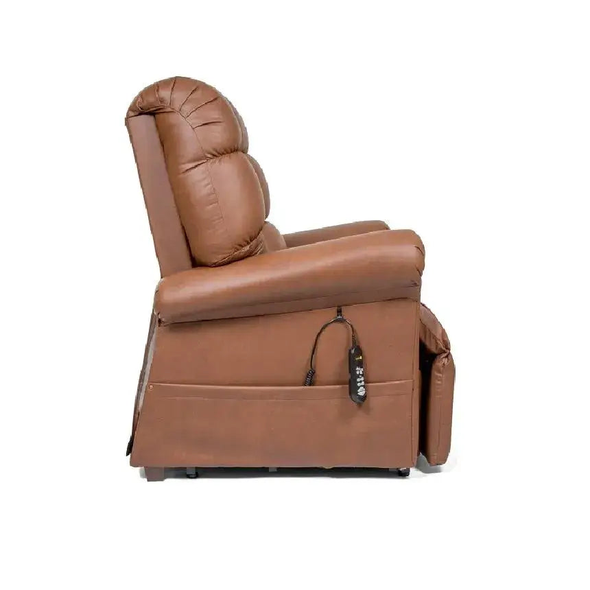 Power lift recliner chair in brown faux leather, side view, with tufted back, padded arms, and wired hand control