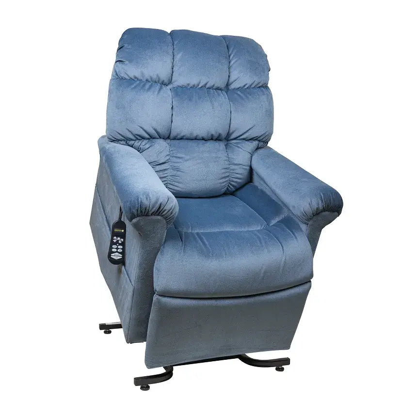 Power lift recliner chair in blue microfiber upholstery with tufted back, padded arms, and side-mounted hand control