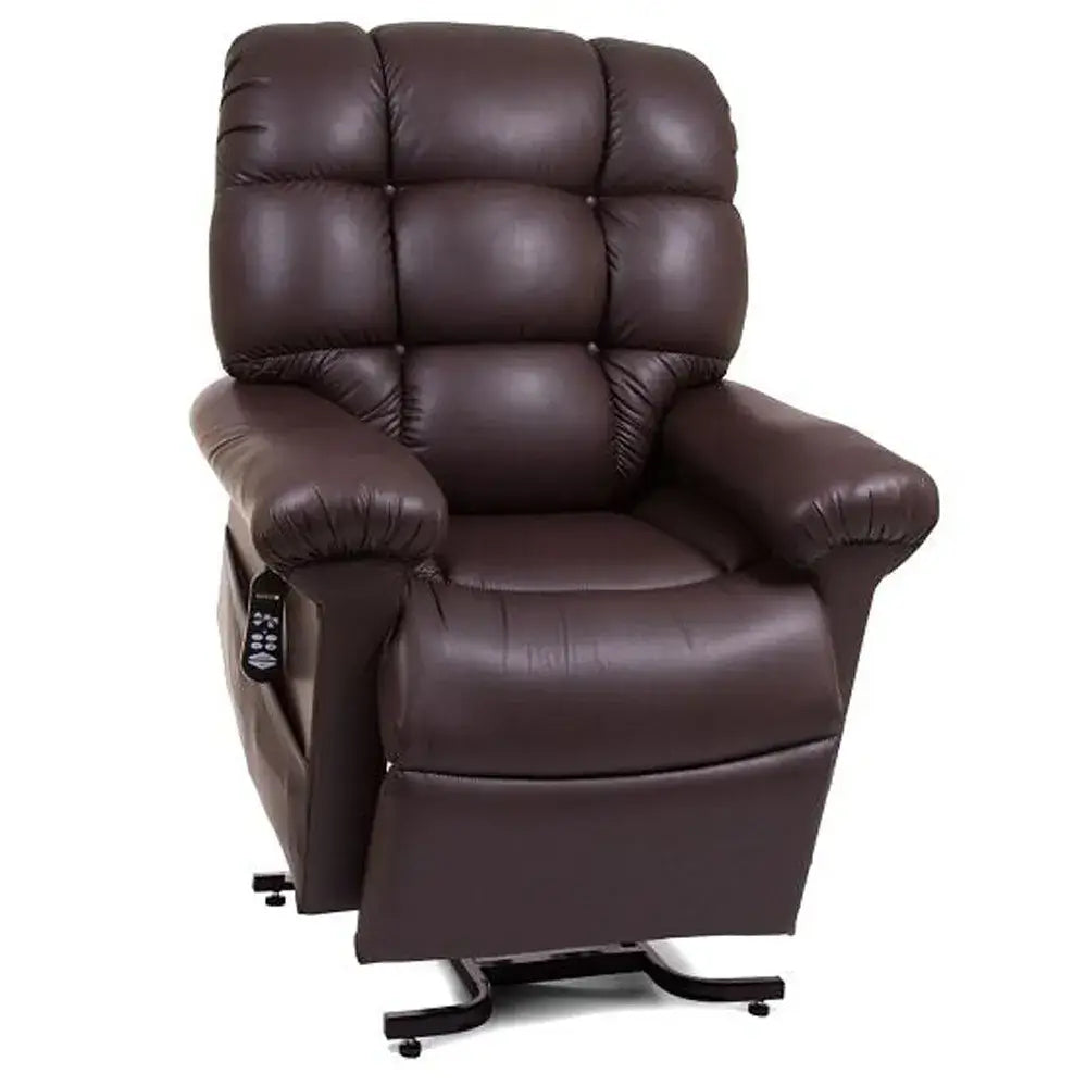Power lift recliner in dark brown leather upholstery with tufted pillow-back, padded armrests, and side remote control pocket