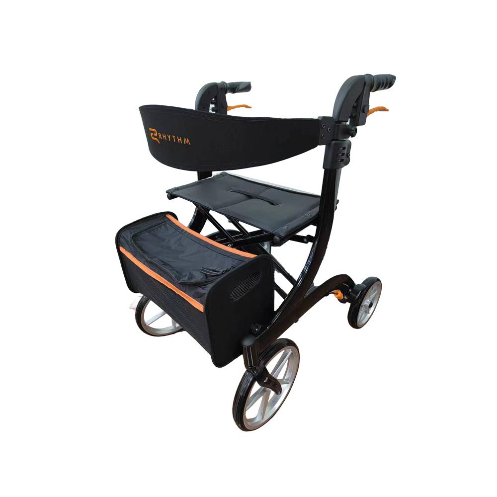 Rimor Lt Rollator in black with orange accents, padded backrest, fold-down seat, storage bag, and large spoke wheels