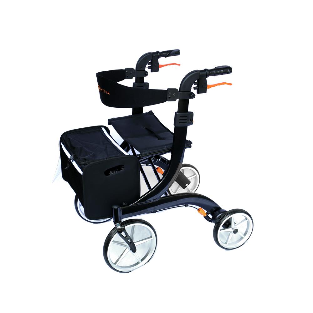Rollator walker with black frame, padded seat, hand brakes with orange accents, large white wheels, and attached storage bag