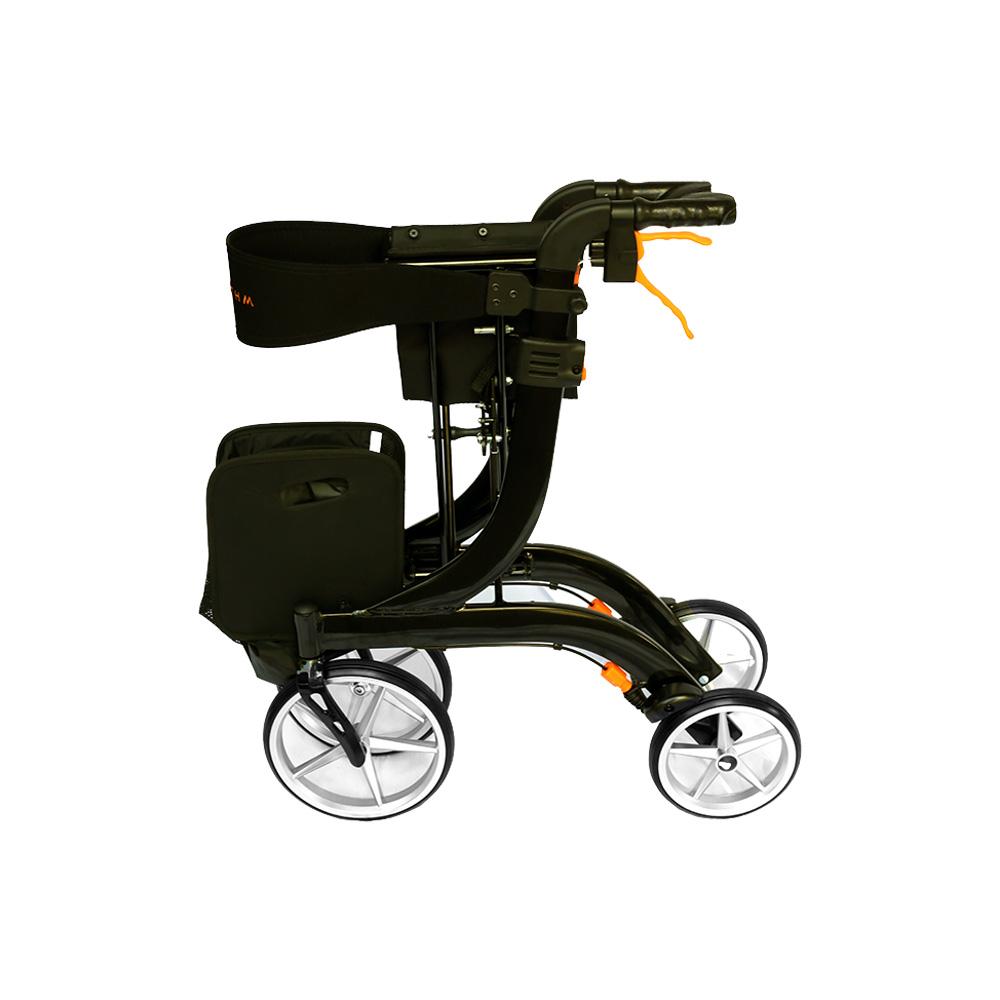 Rollator walker with dark green frame, four large white-spoked wheels, hand brakes, padded seat, and attached storage bag