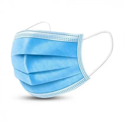 Disposable 3-ply face mask in light blue with white elastic ear loops, shown at an angle on white background