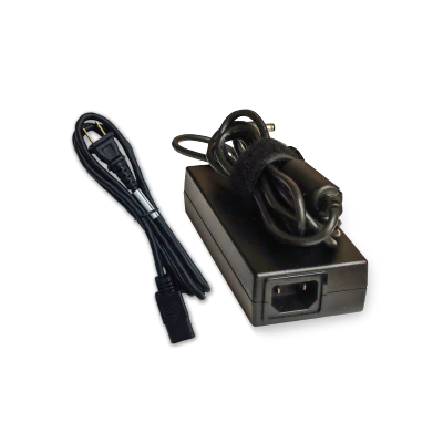 Power supply adapter with AC power cord for portable oxygen concentrator, shown on white background