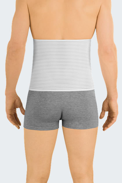 Abdominal binder in white with horizontal ribbed texture worn around the midsection, rear view on male model