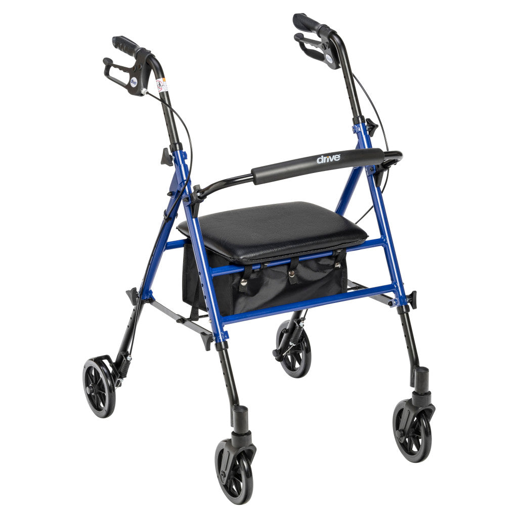 Rollator walker with blue frame, padded seat, backrest, hand brakes, underseat bag, and four black wheels