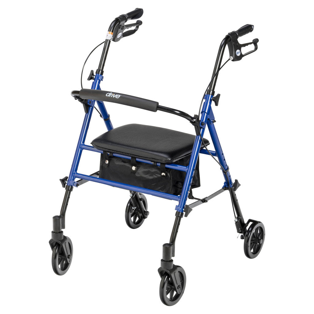 Rollator walker with blue frame, black padded seat, under-seat bag, loop brakes, and four black wheels