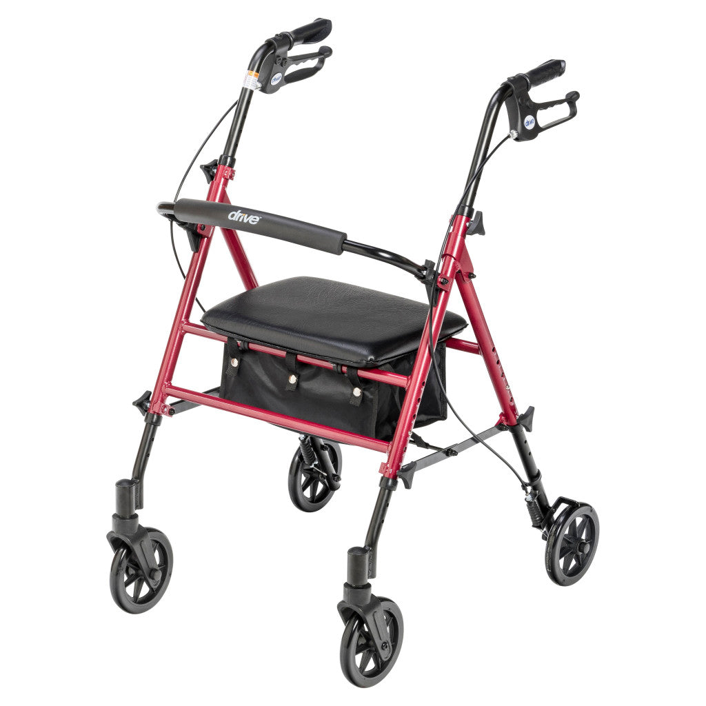 Rollator walker with red frame, black padded seat and backrest, hand brakes, storage bag, and four black wheels