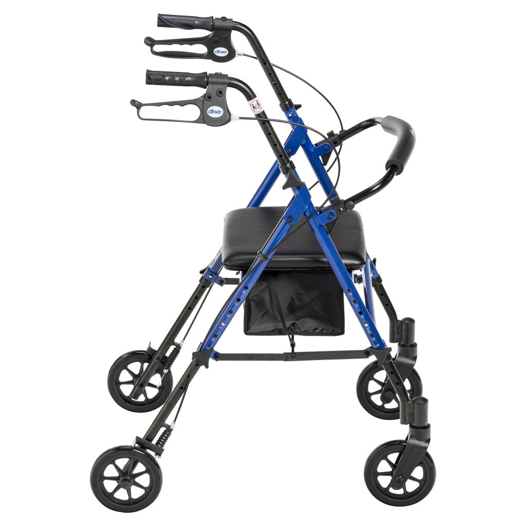 Rollator walker with blue frame, padded seat, underseat bag, loop brakes, and four 6-inch wheels, shown from the side