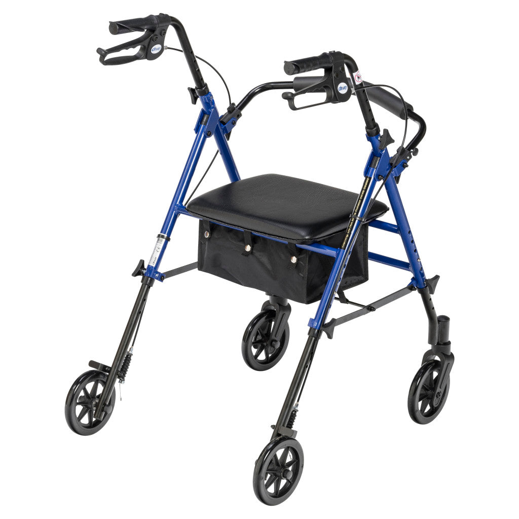 Rollator walker with blue frame, black padded seat, under-seat bag, loop brakes, and four 6-inch wheels
