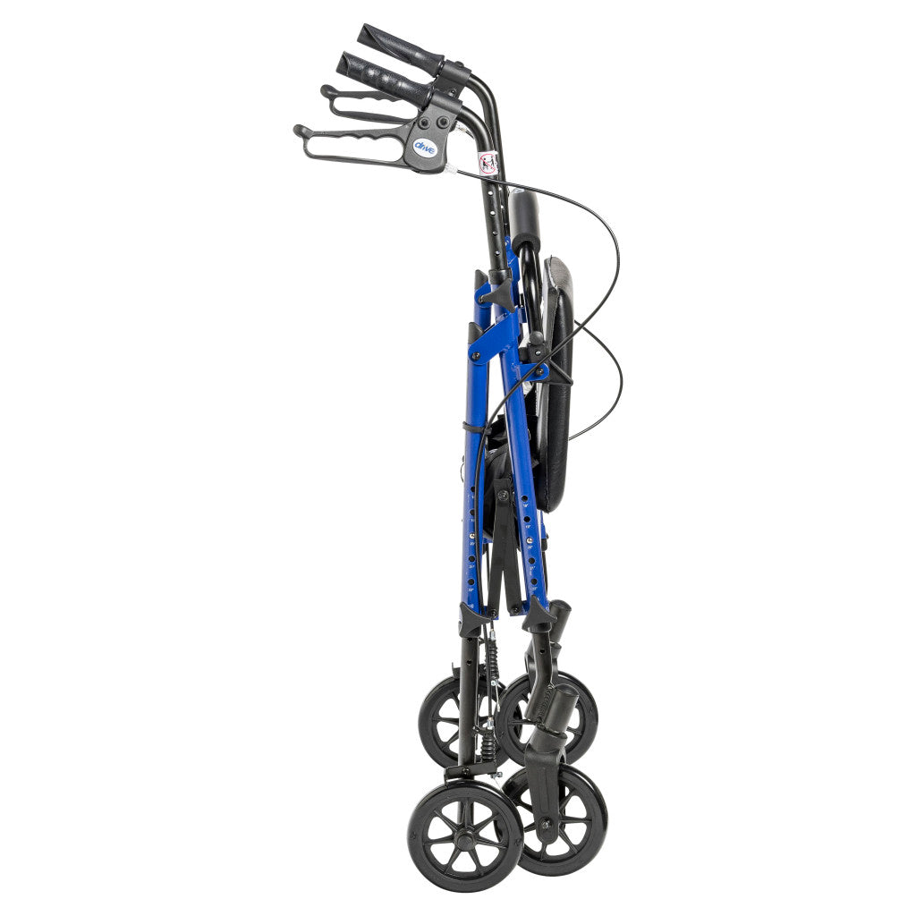 Rollator walker folded flat, showing blue aluminum frame, black handles with loop brakes, and four 6-inch black wheels