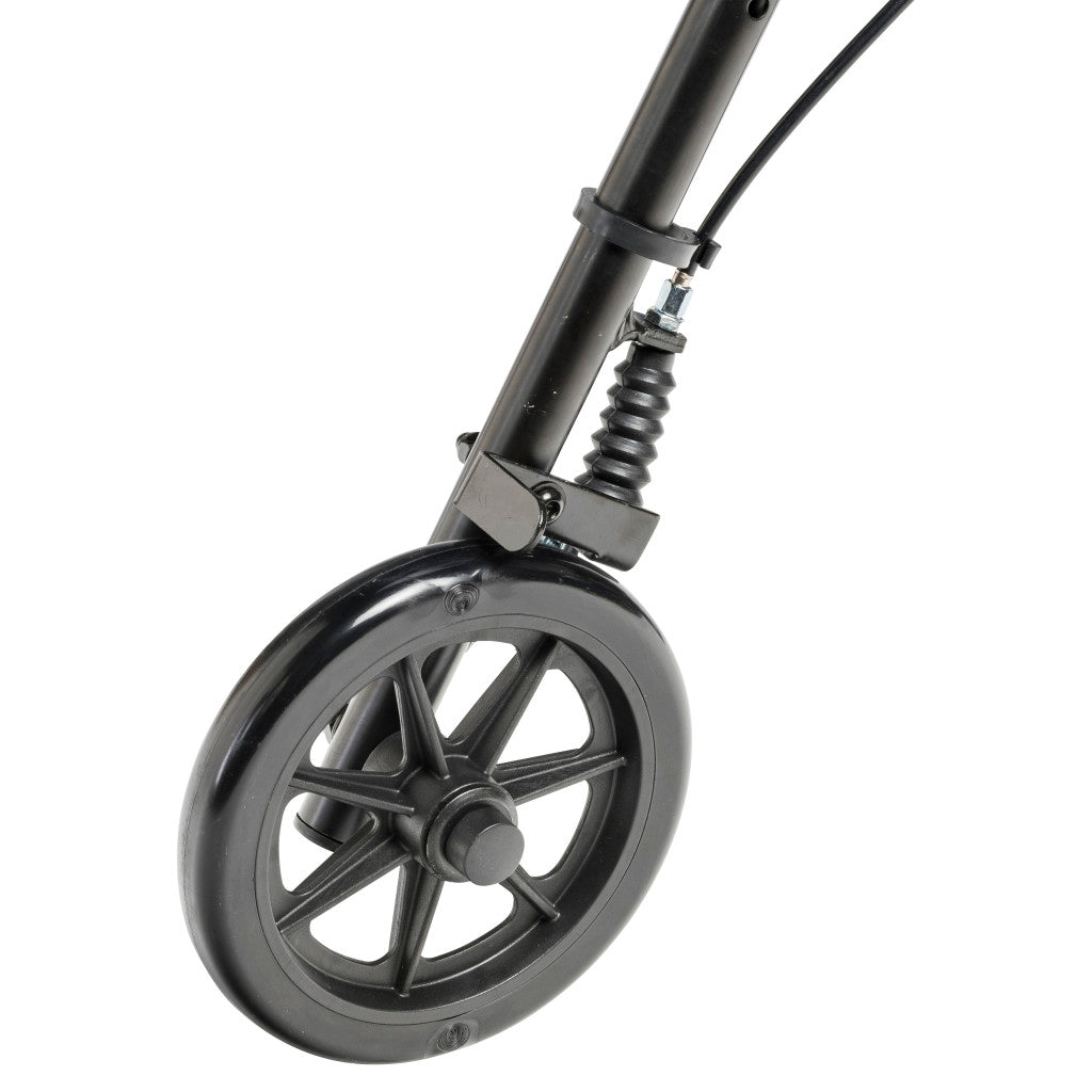 Rollator front wheel close-up showing black spoked wheel, spring suspension, brake cable, and black metal fork assembly