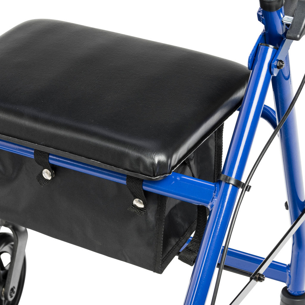 Rollator walker seat and under-seat bag close-up, showing black padded seat and storage pouch on blue frame with wheels