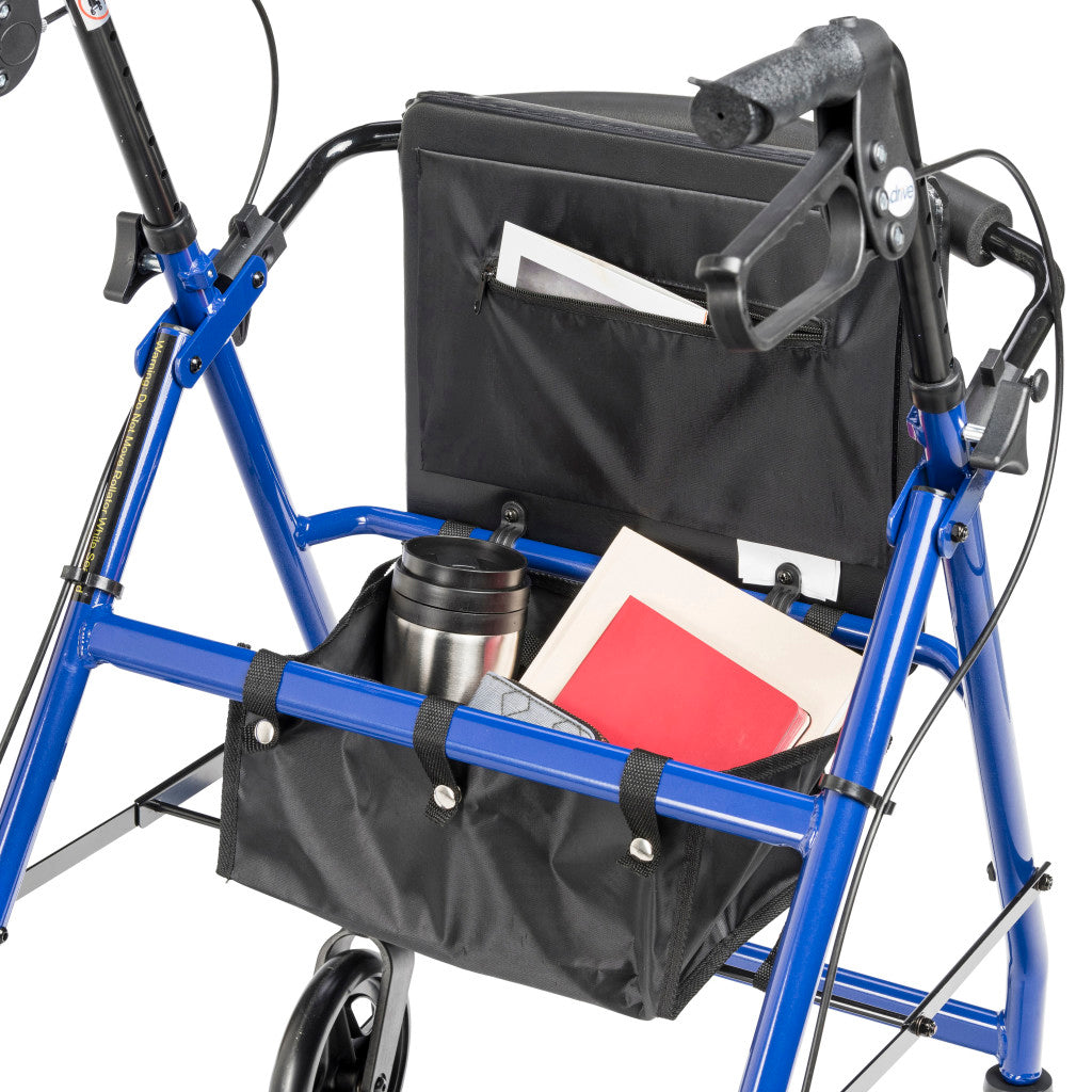 Rollator walker with blue frame showing black back bag and under-seat basket holding a travel mug and books