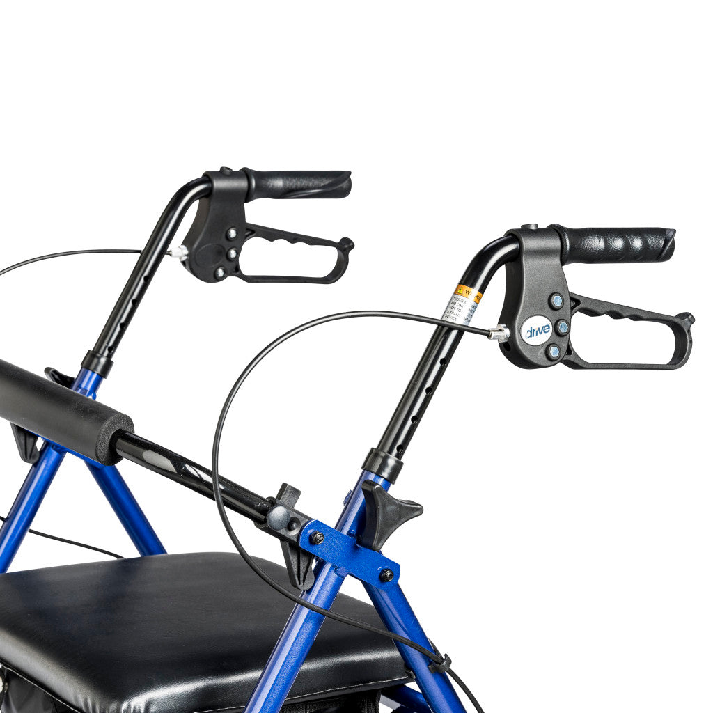 Rollator handlebar close-up showing dual loop hand brakes, black ergonomic grips, and blue aluminum frame with padded seat