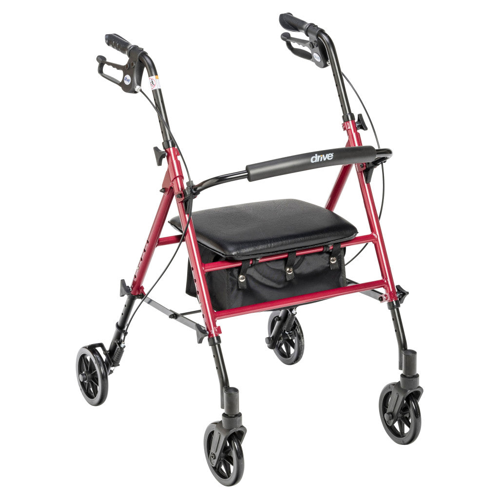 Rollator walker with red frame, black padded seat and backrest, hand brakes, underseat bag, and four 6-inch wheels